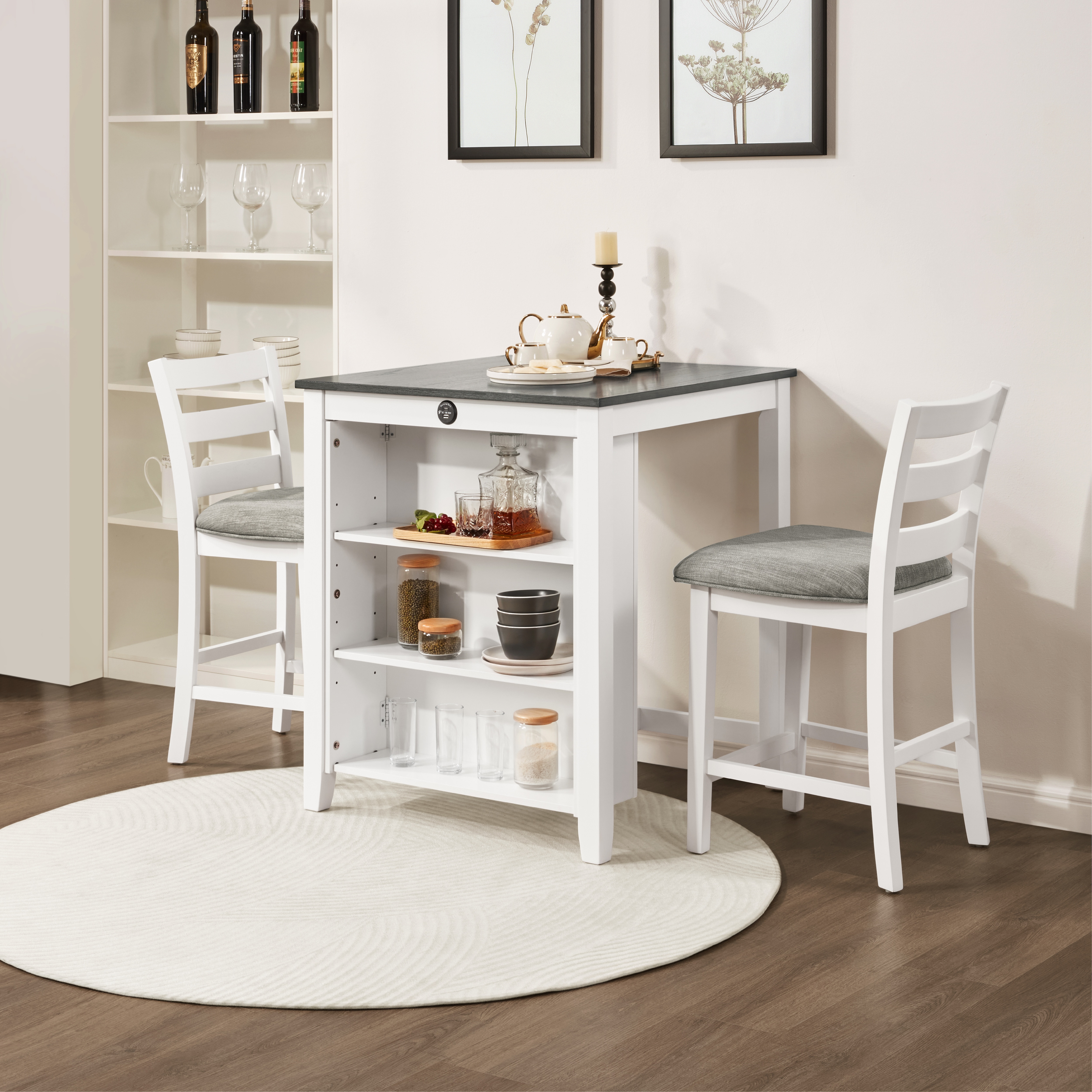 36" Modern Dining Table Set For 2 With Charging Station & 3-Tier Adjustable Storage | Space-Saving Kitchen Set With Upholstered Chairs For Small Spaces, Apartment,Off White_voghion.com
